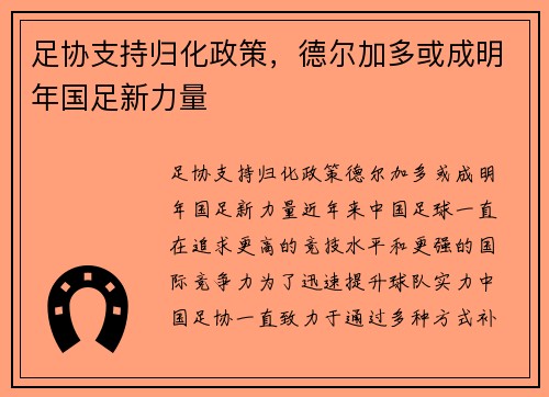 足协支持归化政策，德尔加多或成明年国足新力量