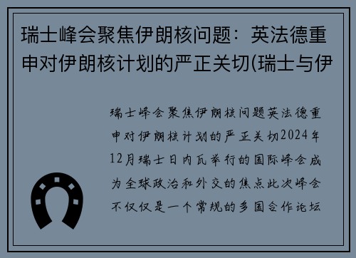 瑞士峰会聚焦伊朗核问题：英法德重申对伊朗核计划的严正关切(瑞士与伊朗完成交易)