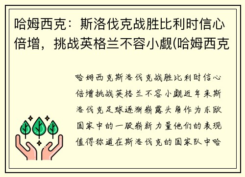 哈姆西克：斯洛伐克战胜比利时信心倍增，挑战英格兰不容小觑(哈姆西克简介)