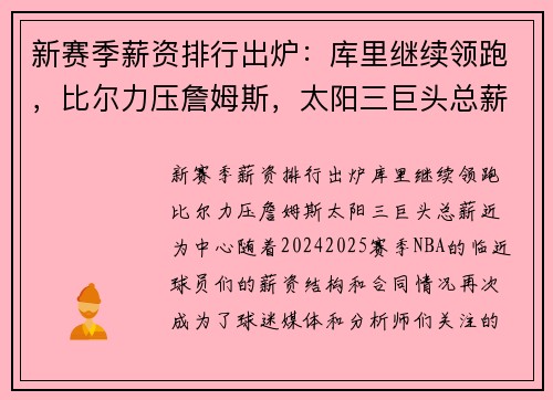 新赛季薪资排行出炉：库里继续领跑，比尔力压詹姆斯，太阳三巨头总薪近