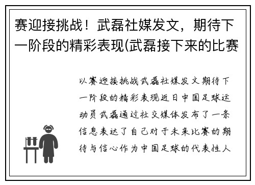 赛迎接挑战！武磊社媒发文，期待下一阶段的精彩表现(武磊接下来的比赛)